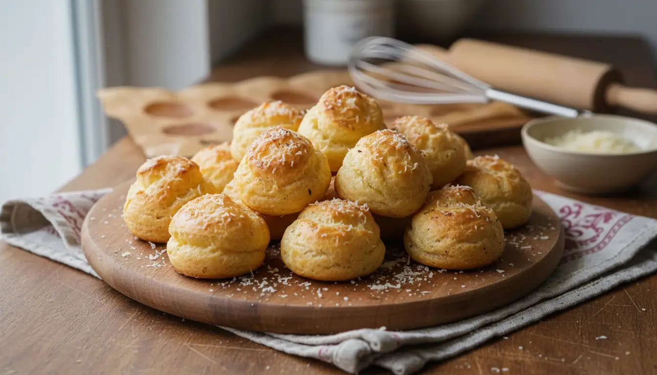 Gougères de Noël dorées et croustillantes, petits choux salés au fromage disposés sur une planche en bois, parfaits pour un apéritif festif de Noël.