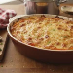 Gratin de Noël aux légumes d’hiver dans un plat gratiné au four, avec une croûte dorée et fondante, posé sur un plan de travail rustique avec herbes fraîches et torchon rouge à carreaux.