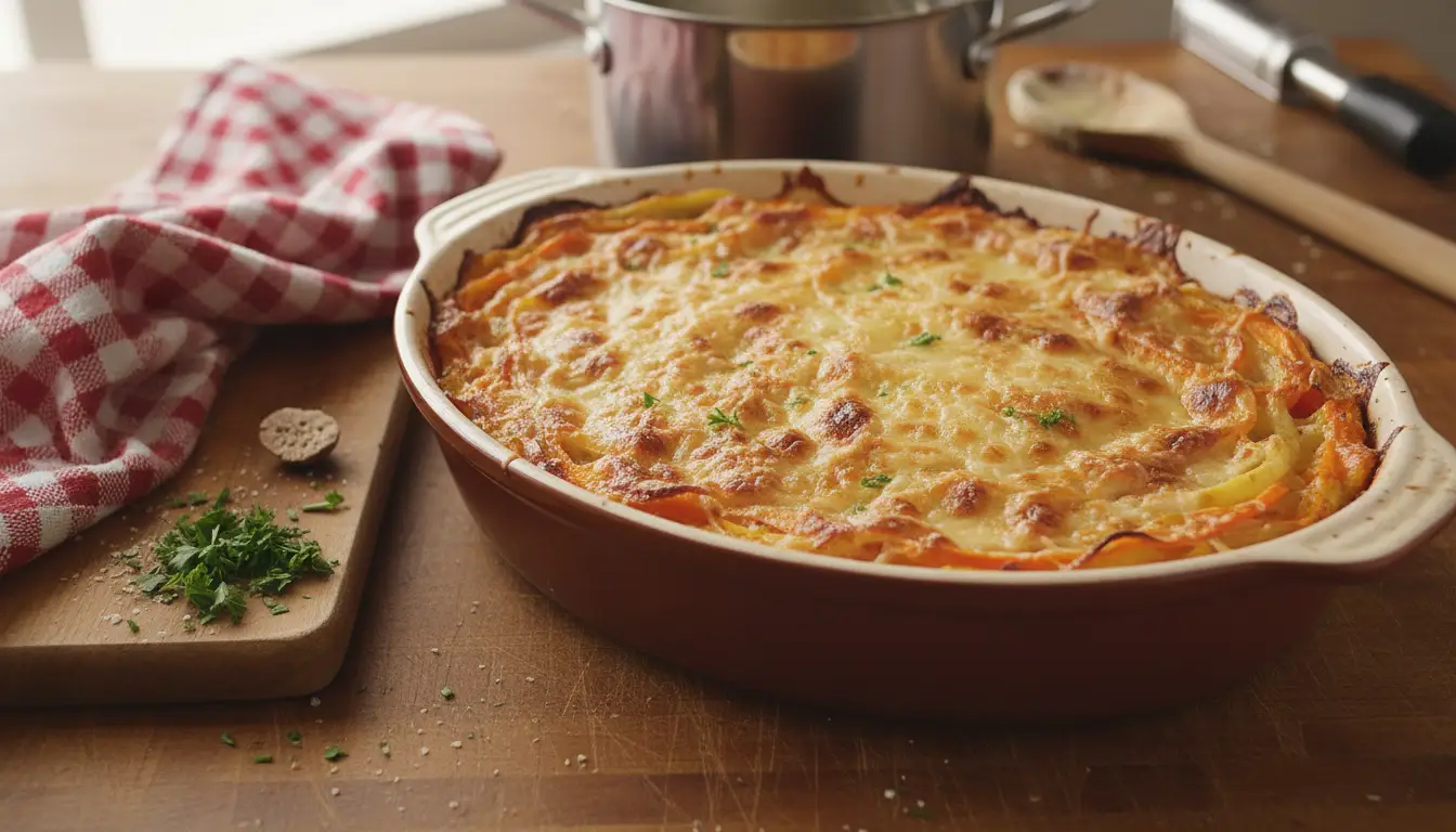 Gratin de Noël aux légumes d’hiver dans un plat gratiné au four, avec une croûte dorée et fondante, posé sur un plan de travail rustique avec herbes fraîches et torchon rouge à carreaux.