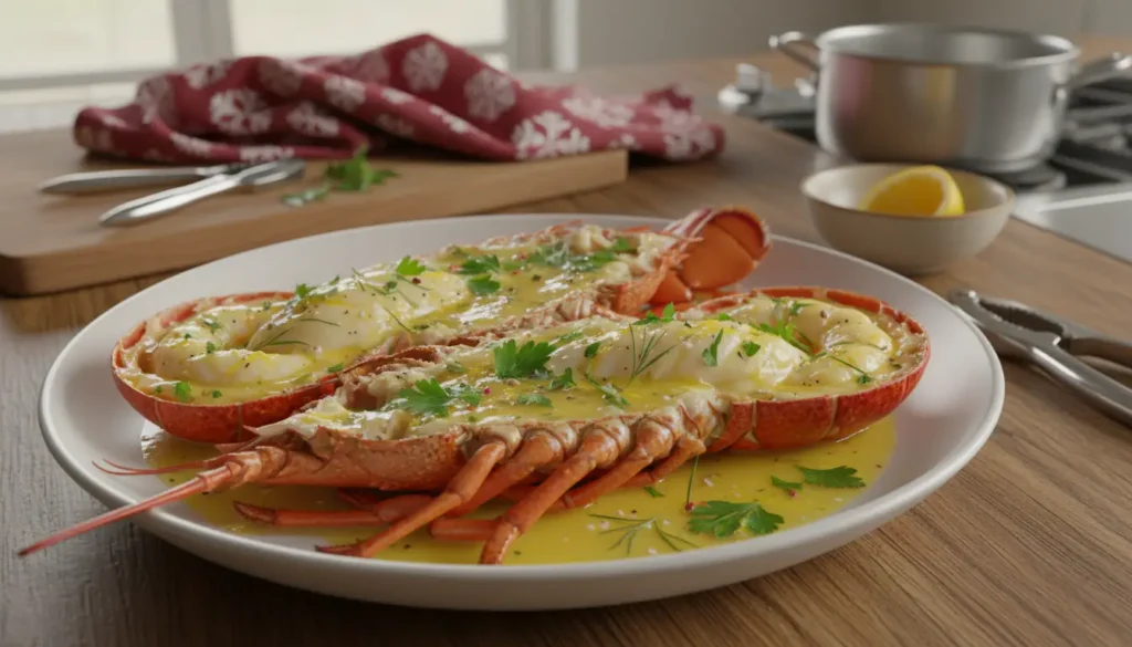 Homard de Noël rôti au beurre citronné, servi entier et nappé de sauce, présenté sur une assiette élégante pour un repas festif.