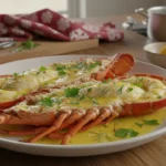 Homard de Noël rôti au beurre citronné, servi entier et nappé de sauce, présenté sur une assiette élégante pour un repas festif.