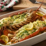 Langouste de Noël rôtie au four nappée de beurre citronné, garnie de citron et persil, servie dans un plat élégant pour un repas festif de fin d’année.