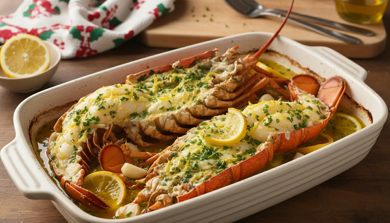 Langouste de Noël rôtie au four nappée de beurre citronné, garnie de citron et persil, servie dans un plat élégant pour un repas festif de fin d’année.