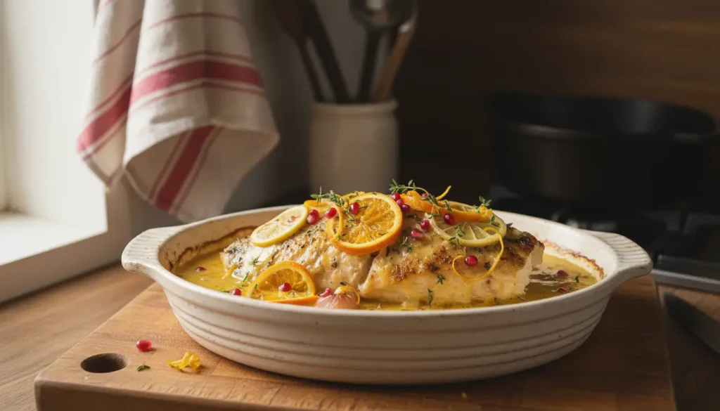 Lotte rôtie de Noël au beurre d'agrumes servie comme plat principal festif