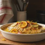 Lotte rôtie de Noël au beurre d'agrumes servie comme plat principal festif