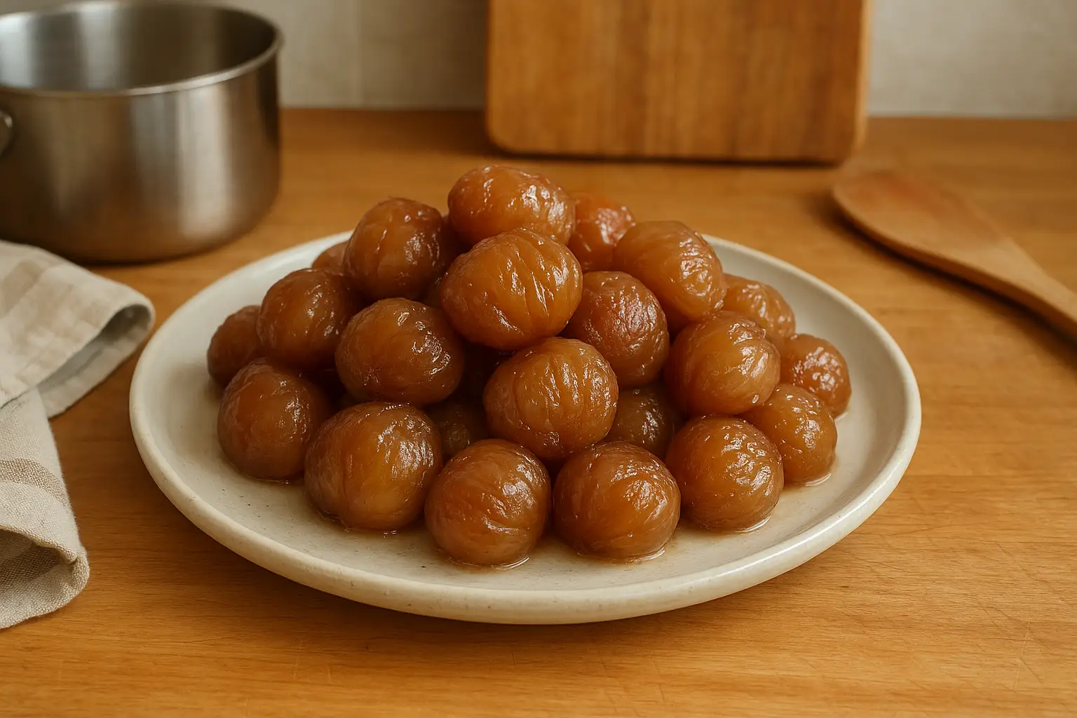 Marrons glacés maison traditionnels de Noël sur assiette, confiserie française artisanale