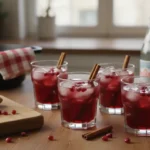 Festive red holiday mocktail ‘Bisous du Père Noël’ served in iced glasses with cranberries and cinnamon sticks, surrounded by ginger, pomegranate seeds, and sparkling water on a cozy kitchen table.