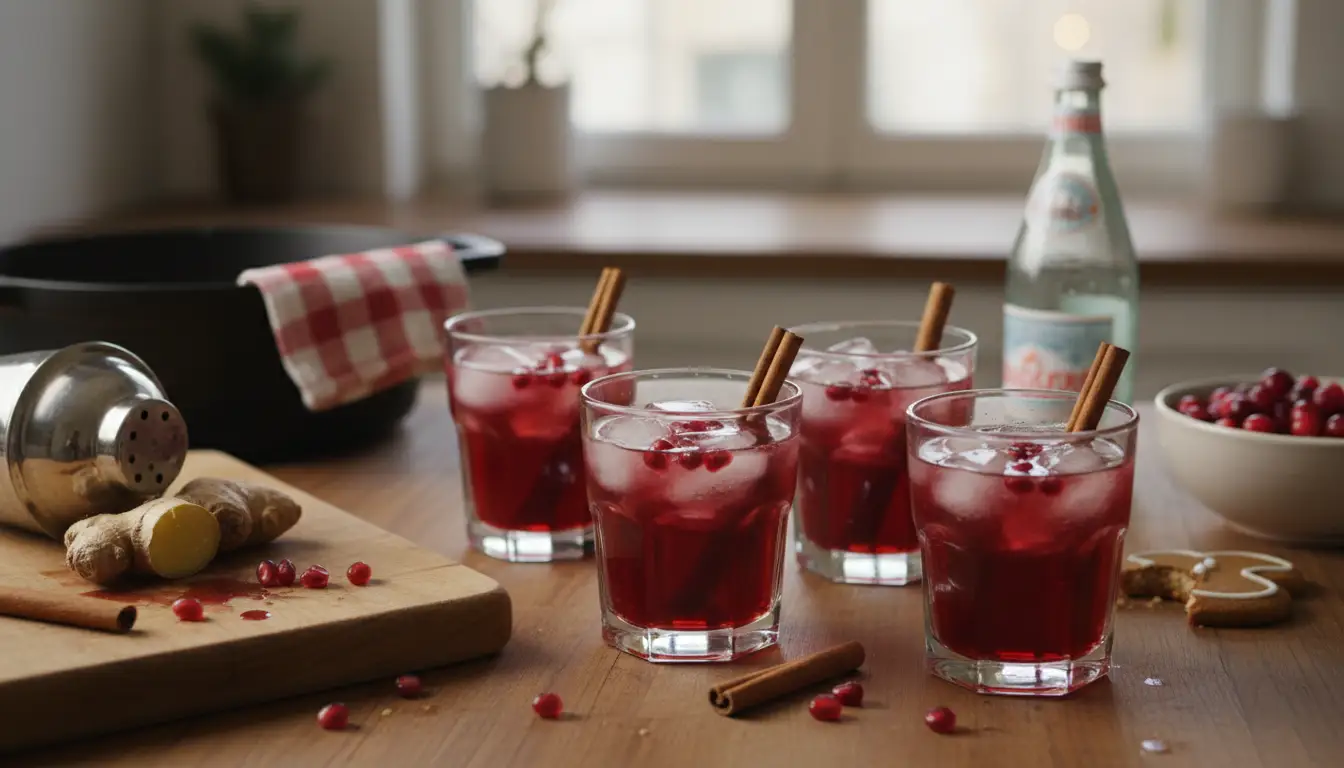 Festive red holiday mocktail ‘Bisous du Père Noël’ served in iced glasses with cranberries and cinnamon sticks, surrounded by ginger, pomegranate seeds, and sparkling water on a cozy kitchen table.