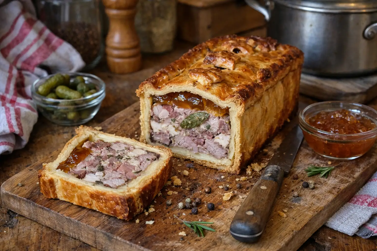 Pâté en croûte de Noël maison tranché, avec pâte dorée, farce traditionnelle et gelée, servi sur une planche en bois dans une cuisine familiale