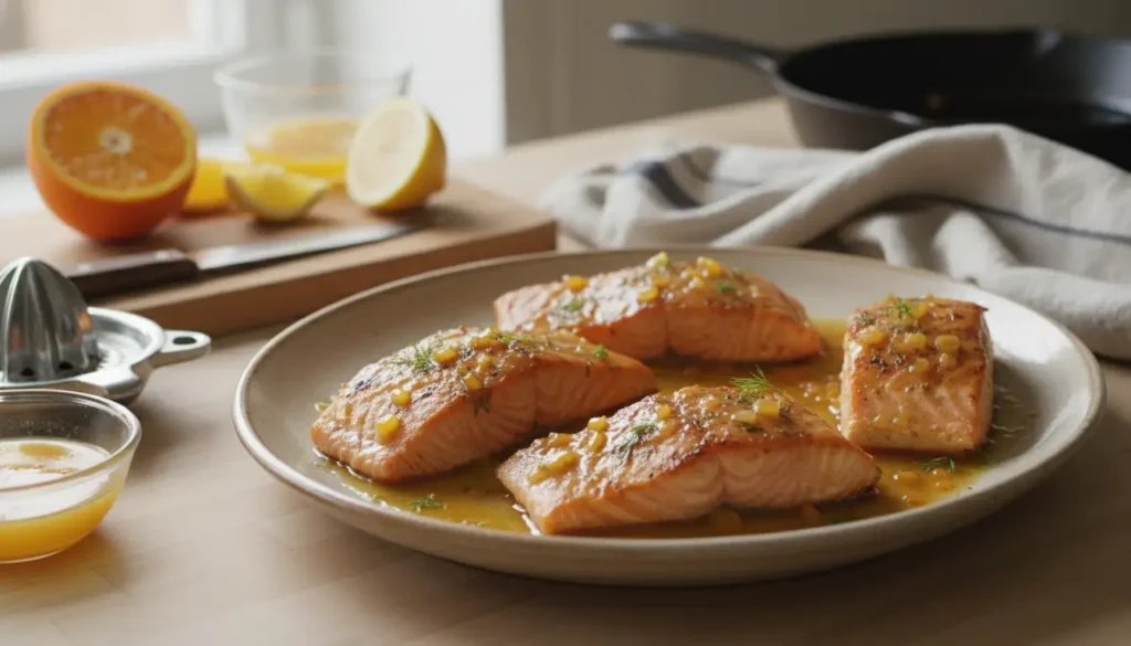 Pavés de saumon rôtis nappés d’une sauce aux agrumes et au miel, servis sur une assiette avec zestes d’orange et d’aneth, dans une ambiance de cuisine chaleureuse.
