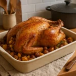Pintade de Noël rôtie aux marrons dans un plat familial, farcie aux fruits secs et cuite au four