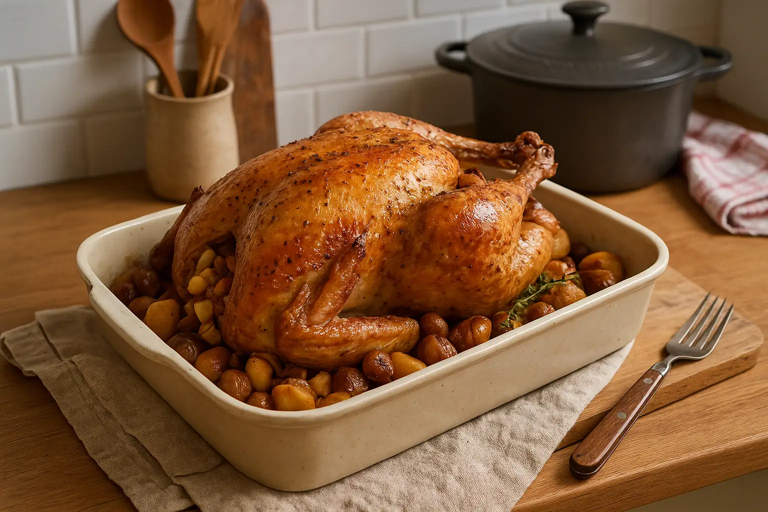 Pintade de Noël rôtie aux marrons dans un plat familial, farcie aux fruits secs et cuite au four