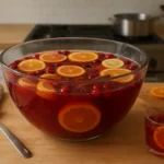Punch de Noël traditionnel dans un saladier, boisson rouge aux agrumes et épices, recette festive de Noël faite maison