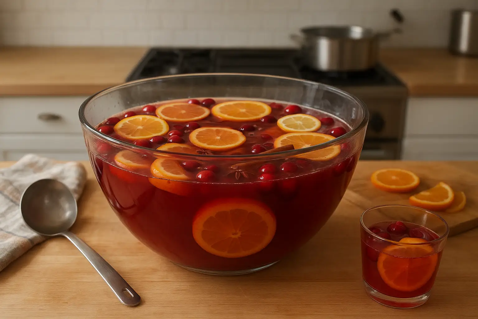 Punch de Noël traditionnel dans un saladier, boisson rouge aux agrumes et épices, recette festive de Noël faite maison