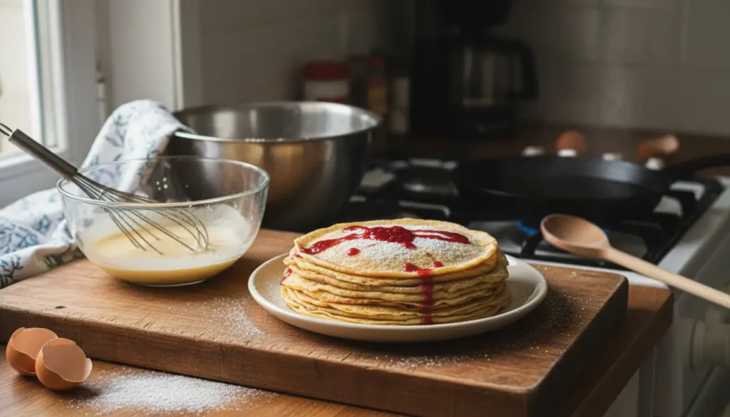 Pile de crêpes dorées et moelleuses saupoudrées de sucre glace avec coulis de fruits rouges, accompagnées d’un bol de pâte à crêpe maison et d’un fouet, sur un plan de travail en cuisine.