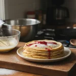 Pile de crêpes dorées et moelleuses saupoudrées de sucre glace avec coulis de fruits rouges, accompagnées d’un bol de pâte à crêpe maison et d’un fouet, sur un plan de travail en cuisine.
