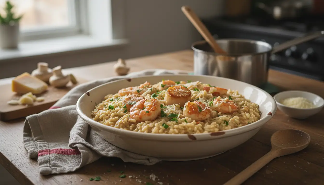 Risotto de Noël crémeux garni de crevettes et de noix de Saint-Jacques poêlées, parsemé d’herbes fraîches et de fromage râpé, servi dans un plat rustique.