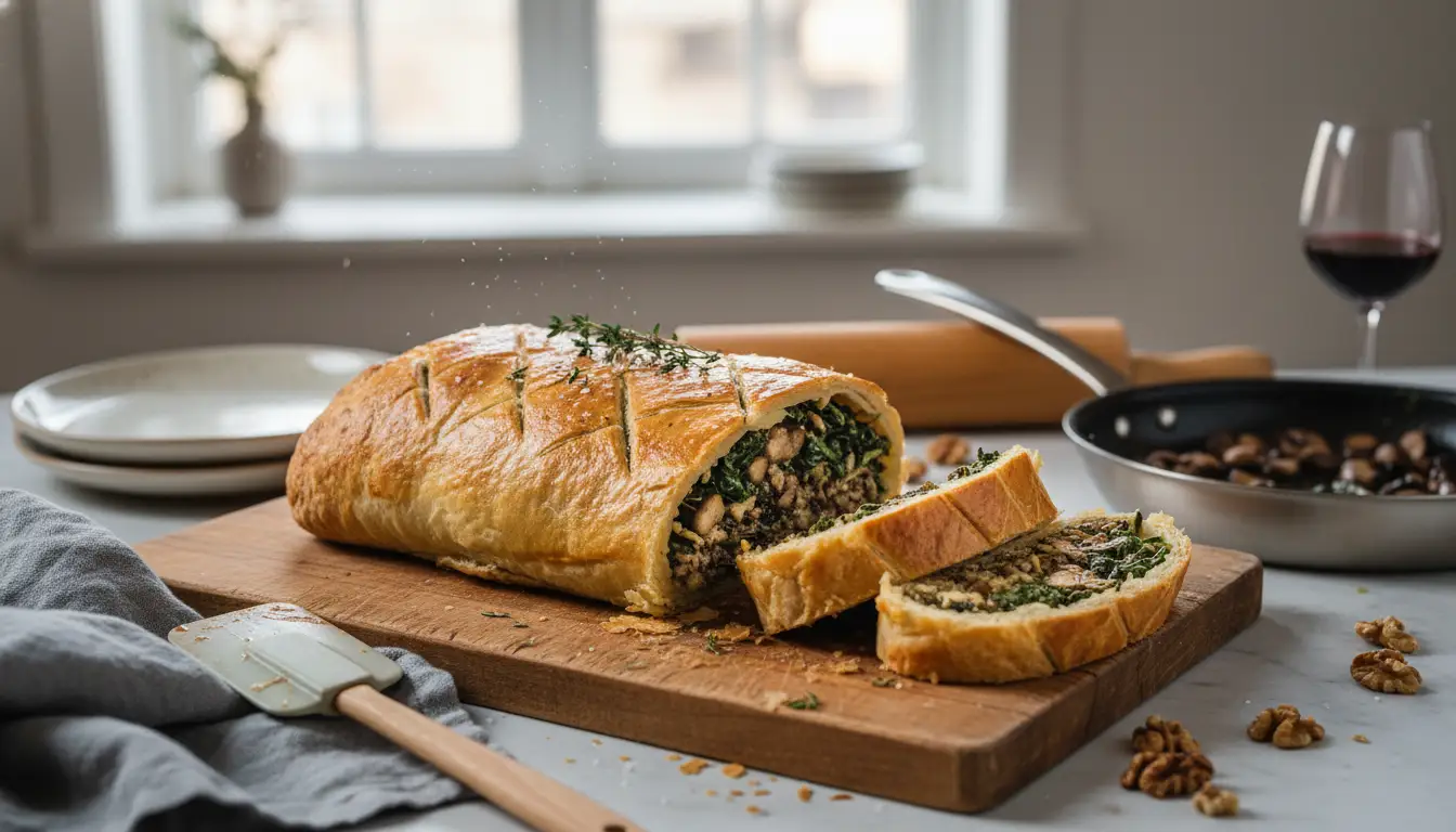 Rôti Wellington végétarien maison aux champignons et épinards, recette de Noël sans viande
