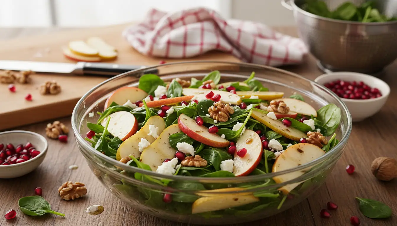 Salade de Noël festive aux épinards frais, pommes tranchées, noix croquantes, fromage émietté et graines de grenade, servie dans un saladier en verre sur une table en bois.