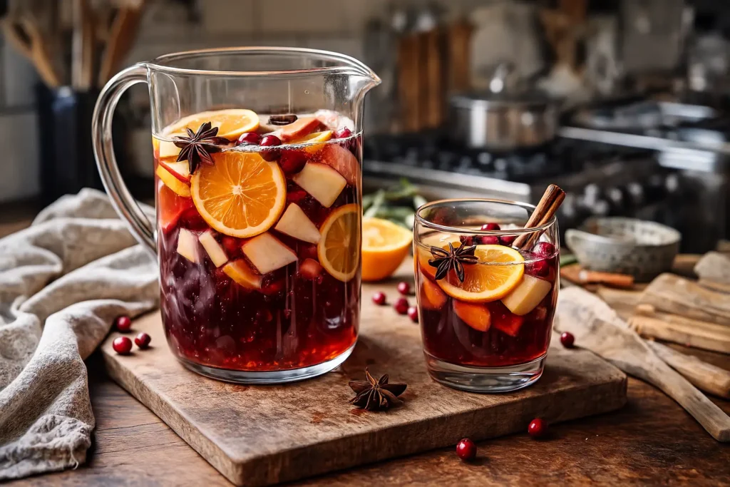 Sangria de Noël sans alcool maison avec fruits d'hiver et épices