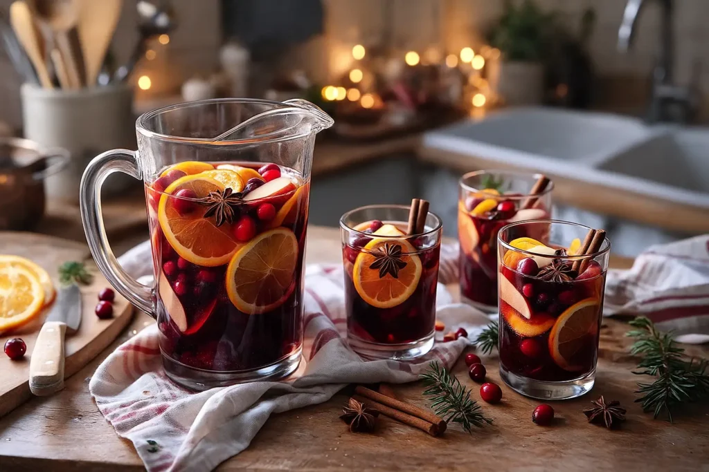 Sangria de Noël sans alcool maison avec agrumes, épices et fruits d'hiver dans une carafe festive