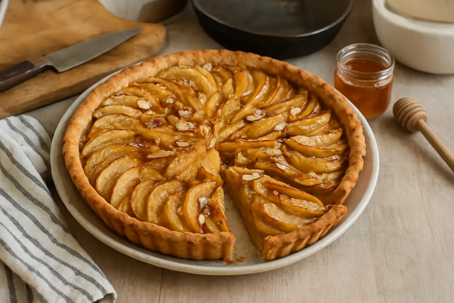 Tarte de Noël aux fruits d’hiver faite maison, décorée avec des fruits d’hiver et prise dans une cuisine familiale