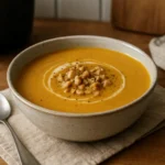 Velouté de Noël au potimarron et châtaignes servi dans un bol, soupe festive crémeuse pour entrée de Noël