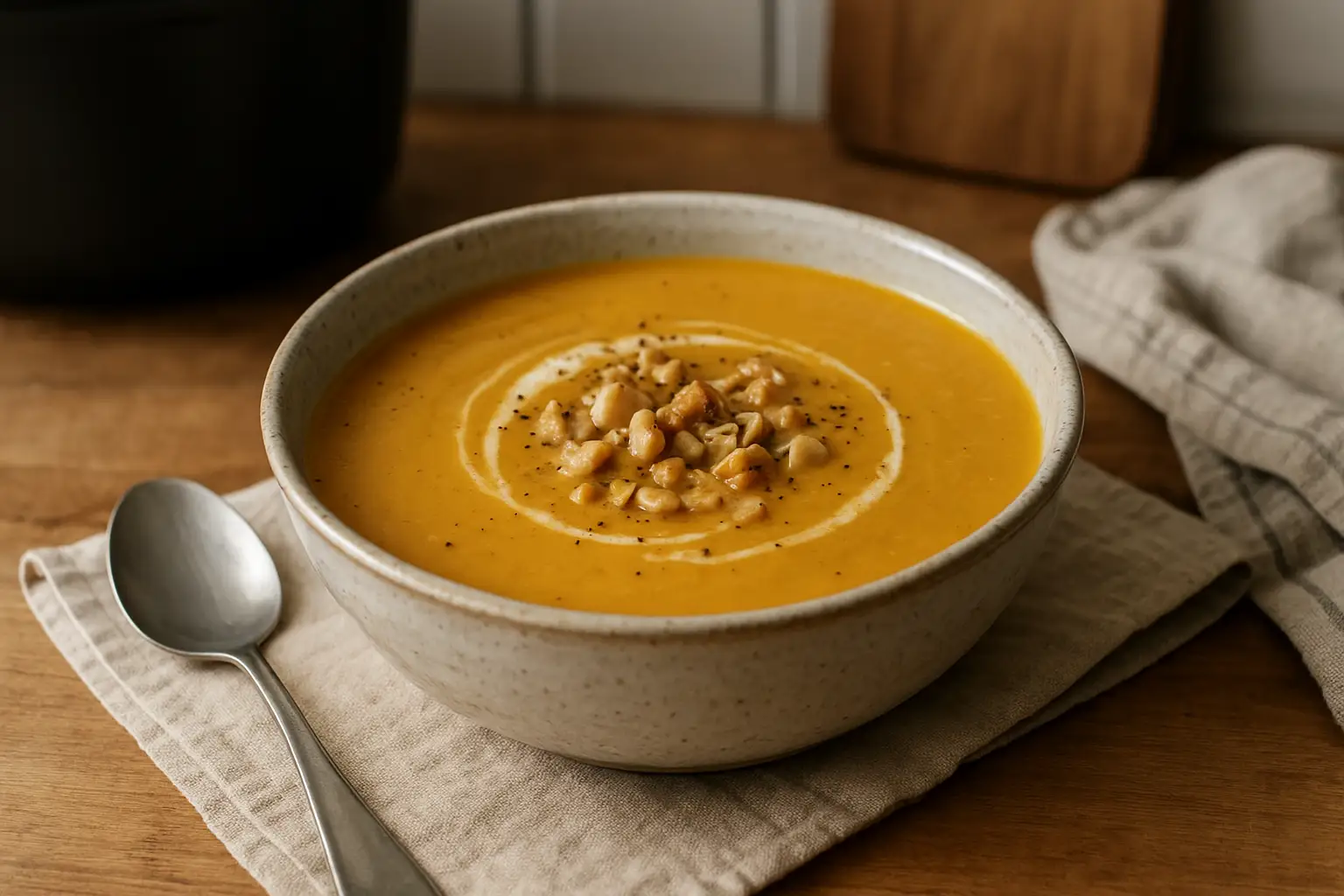 Velouté de Noël au potimarron et châtaignes servi dans un bol, soupe festive crémeuse pour entrée de Noël