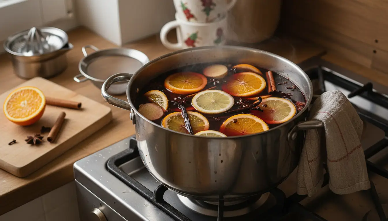 Vin chaud de Noël traditionnel maison avec oranges, cannelle et épices