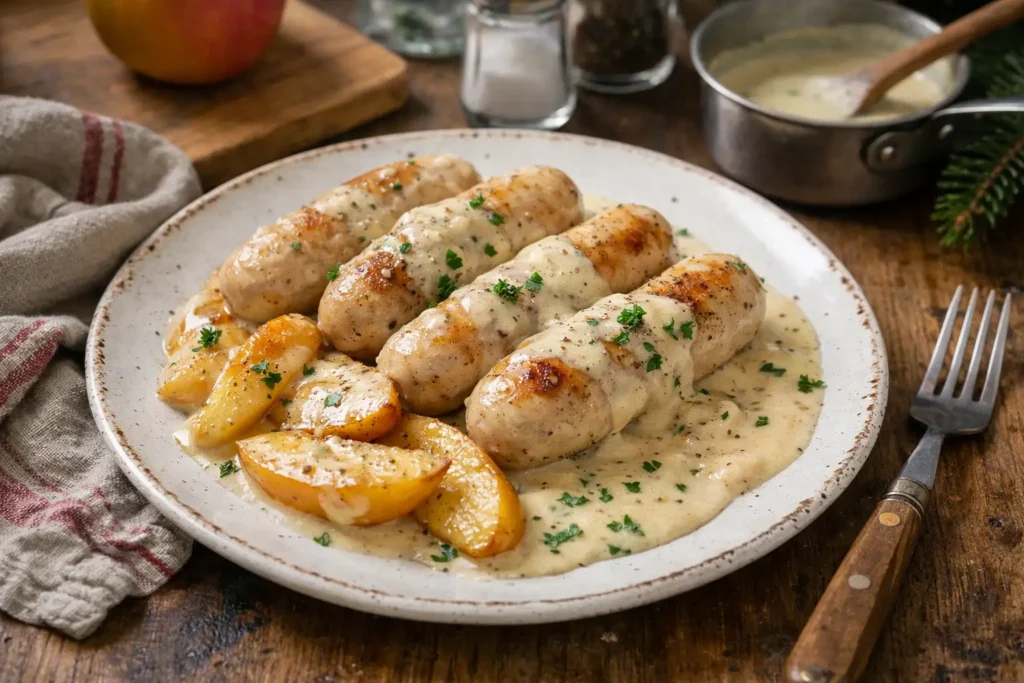 Boudin blanc de Noël aux pommes servi avec sauce crème, plat festif traditionnel français