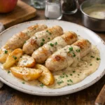 Boudin blanc de Noël aux pommes servi avec sauce crème, plat festif traditionnel français