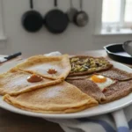 Crêpe bretonne au sarrasin garnie d’un œuf au plat, accompagnée de crêpes sucrées, servie sur une table de cuisine rustique