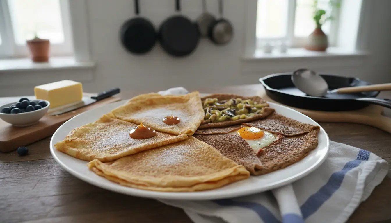 Crêpe bretonne au sarrasin garnie d’un œuf au plat, accompagnée de crêpes sucrées, servie sur une table de cuisine rustique