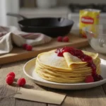 Crêpes sans gluten à la maïzena empilées sur une assiette, garnies de coulis de framboise, avec ingrédients de préparation en arrière-plan sur une table en bois