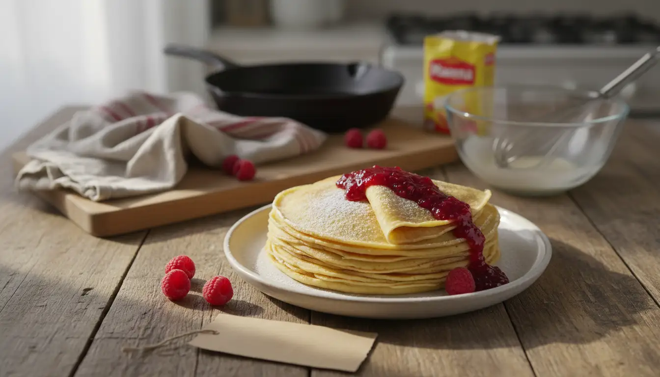 Crêpes sans gluten à la maïzena empilées sur une assiette, garnies de coulis de framboise, avec ingrédients de préparation en arrière-plan sur une table en bois