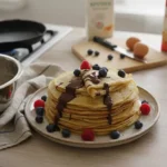 Crêpe sans gluten maison moelleuse empilée dans une cuisine avec ingrédients naturels