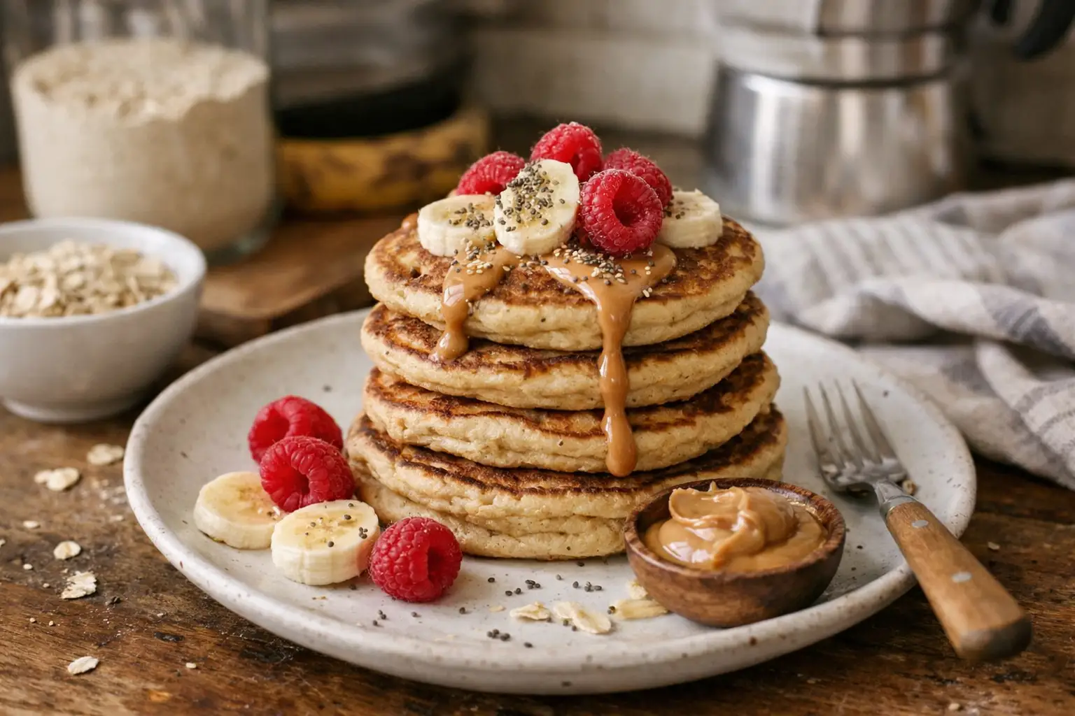 Pancake protéiné maison moelleux, riche en protéines, servi pour un petit-déjeuner healthy