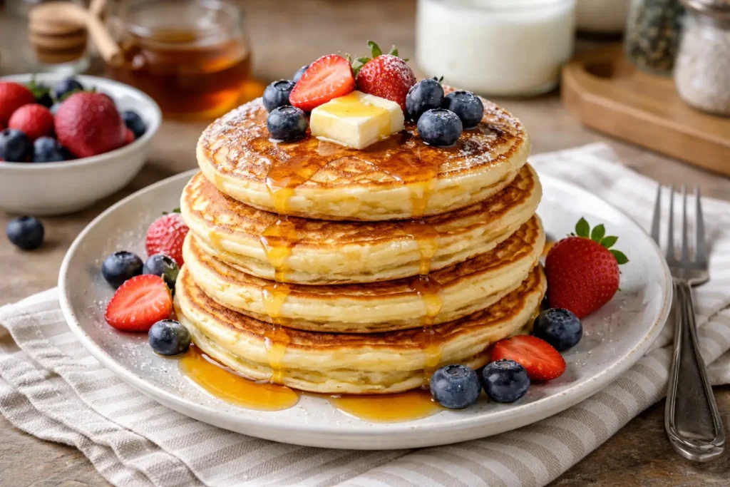 pancakes au yaourt moelleux faits maison avec sirop d'erable et fruits frais