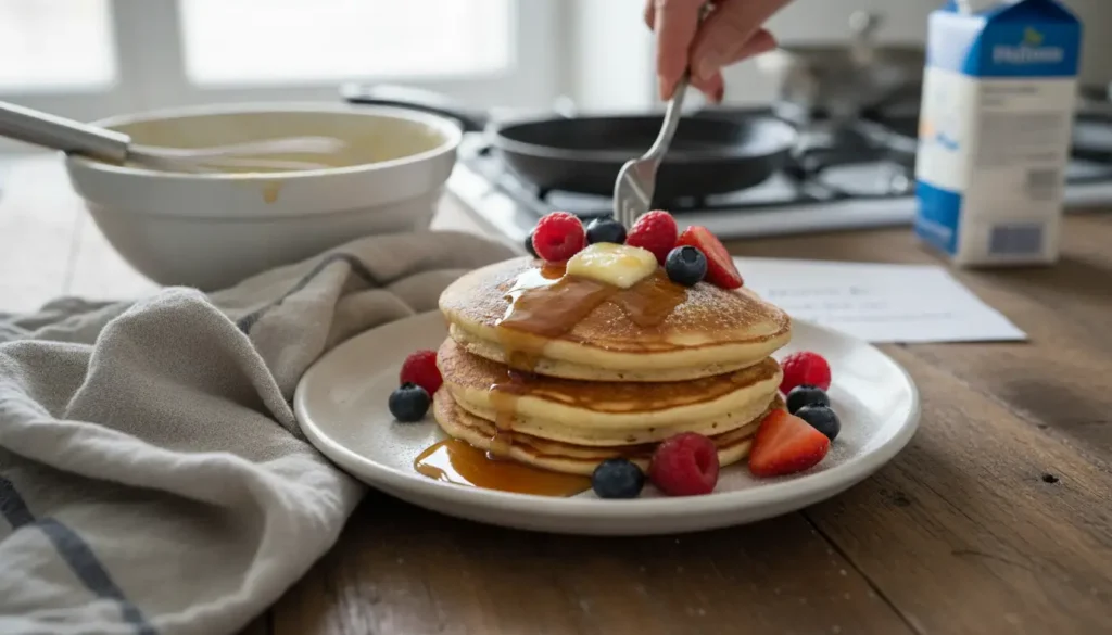 Recette pancakes fluffy maison bien épais et moelleux servis avec fruits et sirop d’érable