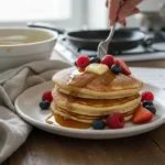 Recette pancakes fluffy maison bien épais et moelleux servis avec fruits et sirop d’érable