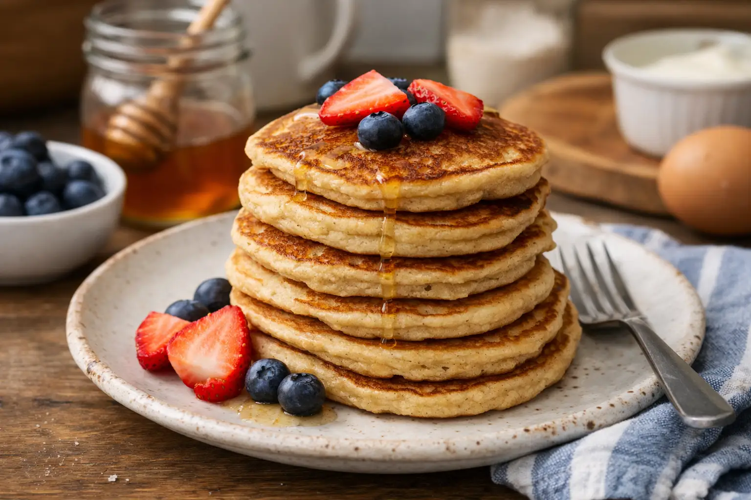 Pancakes healthy moelleux et légers servis pour un petit déjeuner équilibré