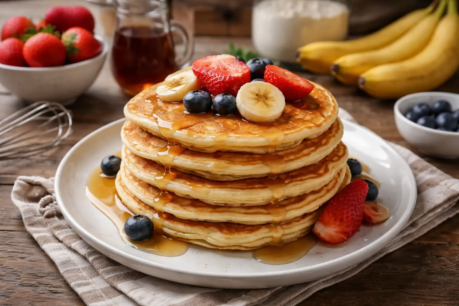 Pancakes sans lait moelleux faits maison, dorés et servis pour le petit-déjeuner