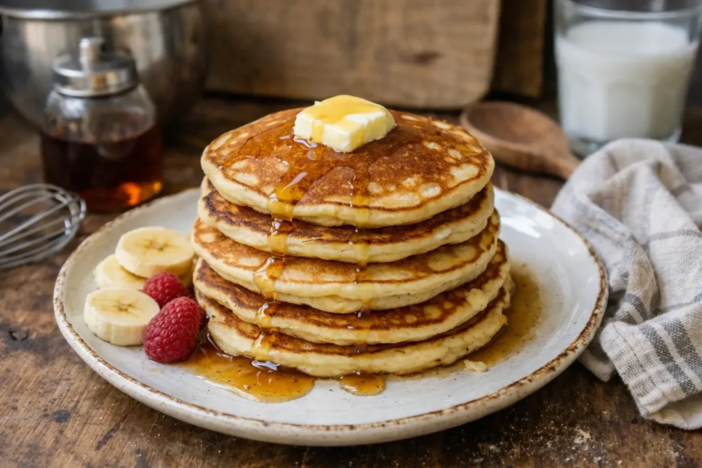 Pancakes sans levure empilés avec beurre fondant et sirop d’érable, servis avec banane et framboises