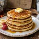 Pancakes sans levure empilés avec beurre fondant et sirop d’érable, servis avec banane et framboises