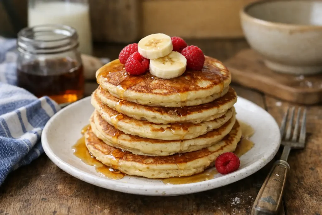 Pancakes sans oeufs moelleux faits maison dans une cuisine familiale