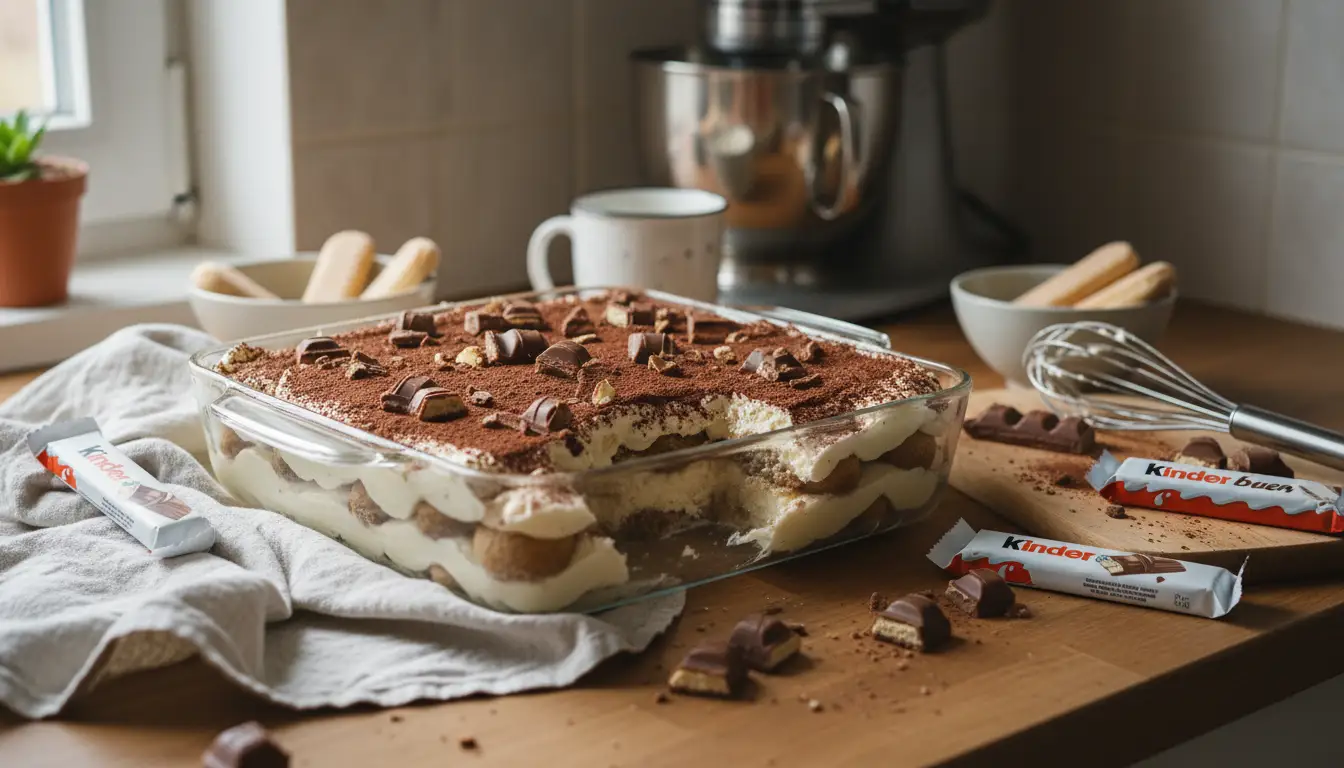 Tiramisu Kinder Bueno fait maison dans un plat en verre, avec des couches de mascarpone, biscuits et cacao