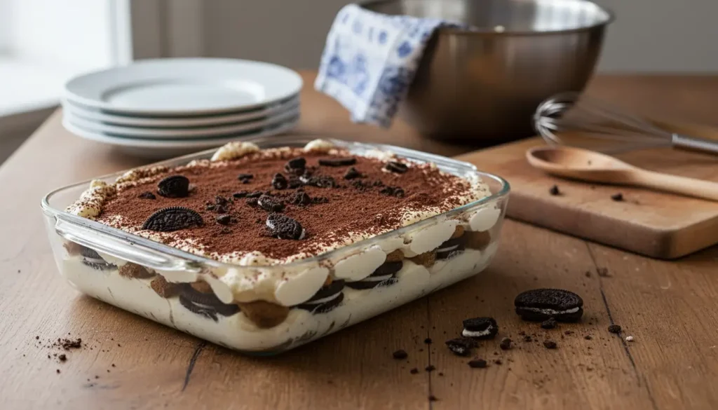 Tiramisu Oreo maison dans un plat en verre avec des couches de crème mascarpone et des biscuits Oreo concassés