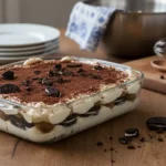 Tiramisu Oreo maison dans un plat en verre avec des couches de crème mascarpone et des biscuits Oreo concassés