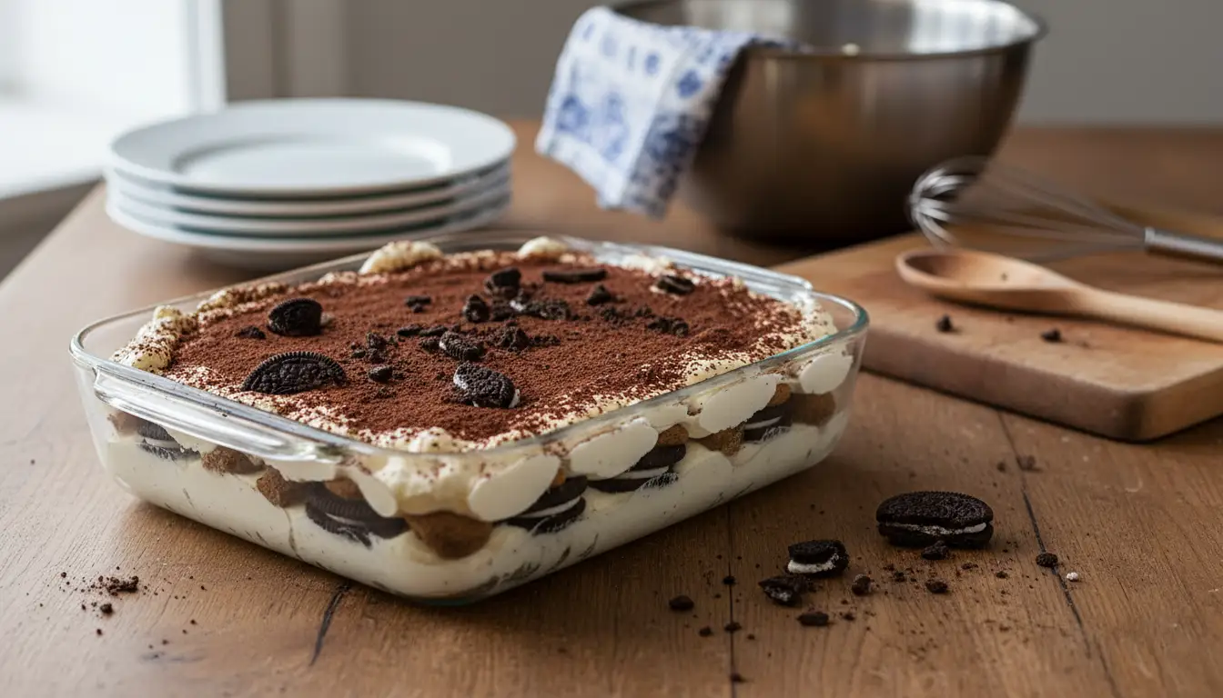 Tiramisu Oreo maison dans un plat en verre avec des couches de crème mascarpone et des biscuits Oreo concassés