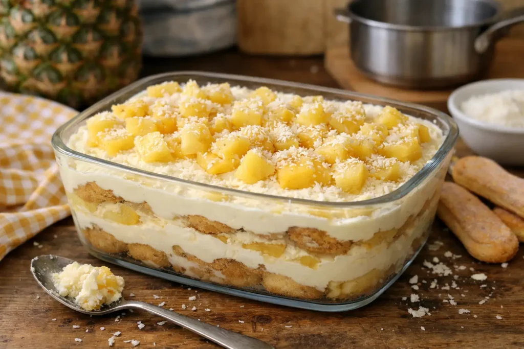 Tiramisu ananas maison au mascarpone avec morceaux d'ananas frais